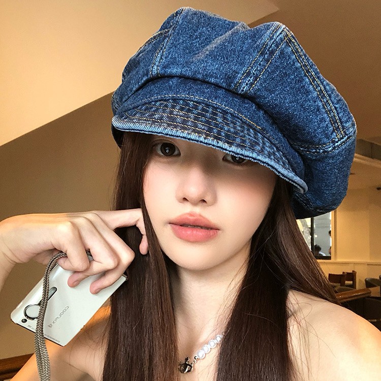 Vintage Denim Cloud Beret For Women Spring Summer 2025 New Simple Artistic Style Newsboy Thin Octagonal Hat_voghion.com