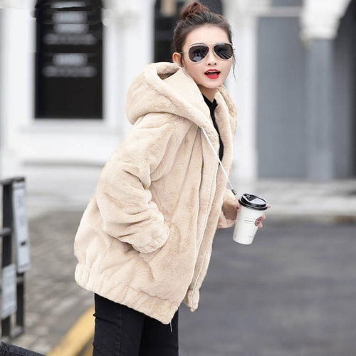 Women's Fleece Hooded Coat, Medium-Long Winter Korean Style Loose Plush Warm Long-Sleeved Fleece-lined Short Jacket