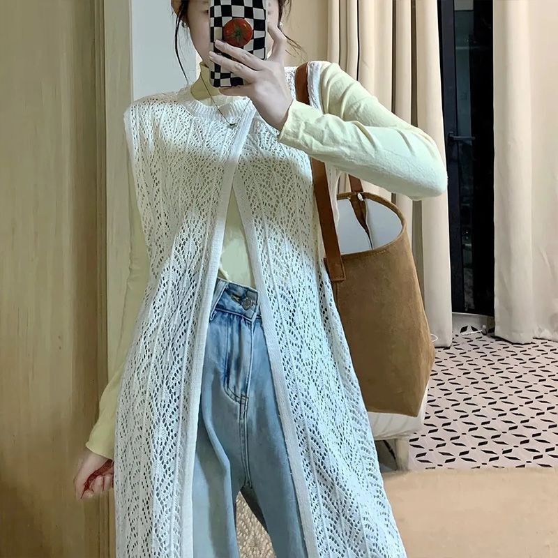 French-Style Hollow Knit Vest for Women, Summer Outerwear, Long Cover-Up, Sun Protection Air Conditioning Shirt, Slit Sleeveless Thin Top French-Style Hollow Knit Vest for Women, Summer Outerwear, Long Cover-Up, Sun Protection Air Conditioning Shirt, Slit Sleeveless Thin Top