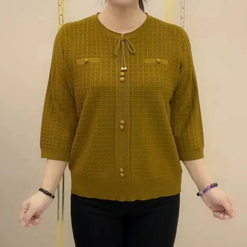 Женский трикотажный топ с рукавом три четверти для мамы, летний новый стиль, свободная модная рубашка большого размера для женщин среднего и пожилого возраста