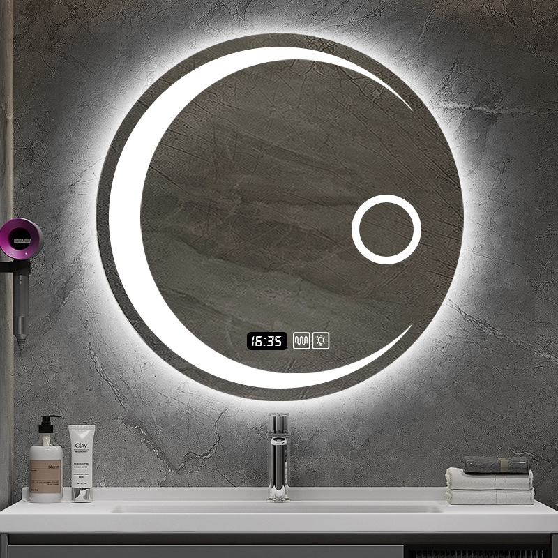 Smart Mirror Moon round bathroom mirror bathroom LED anti-fog luminous mirror with lamp creative touch screen wall mirror