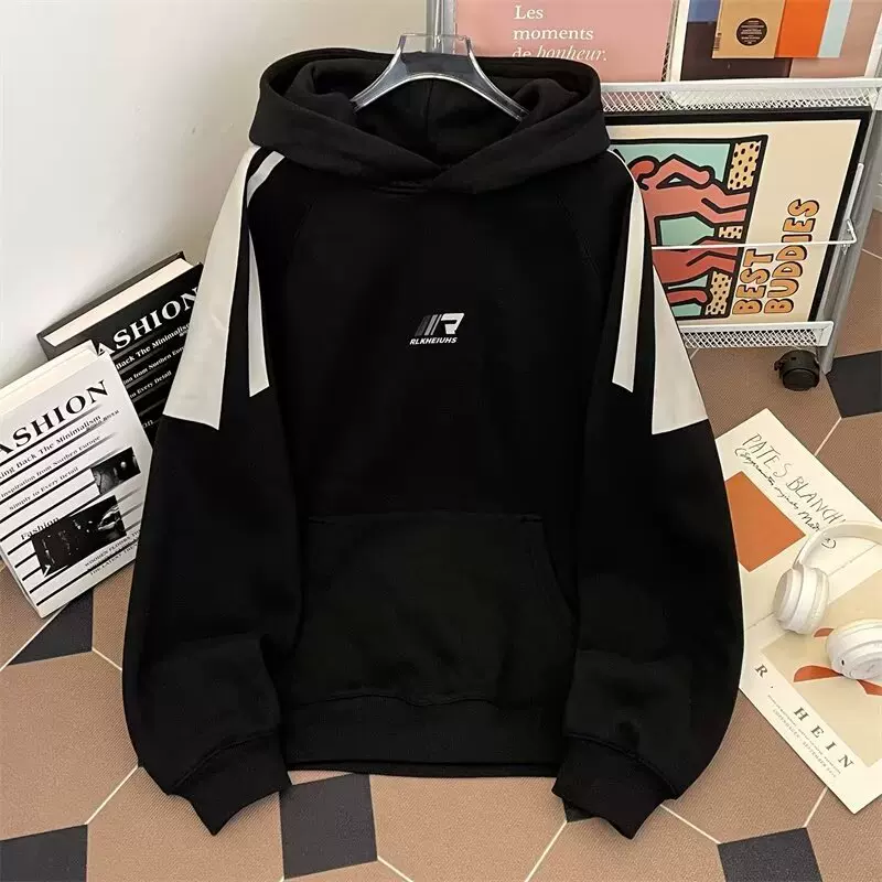 冬季加绒加厚连帽卫衣男款美式复古宽松撞色拼接保暖百搭套头帽衫