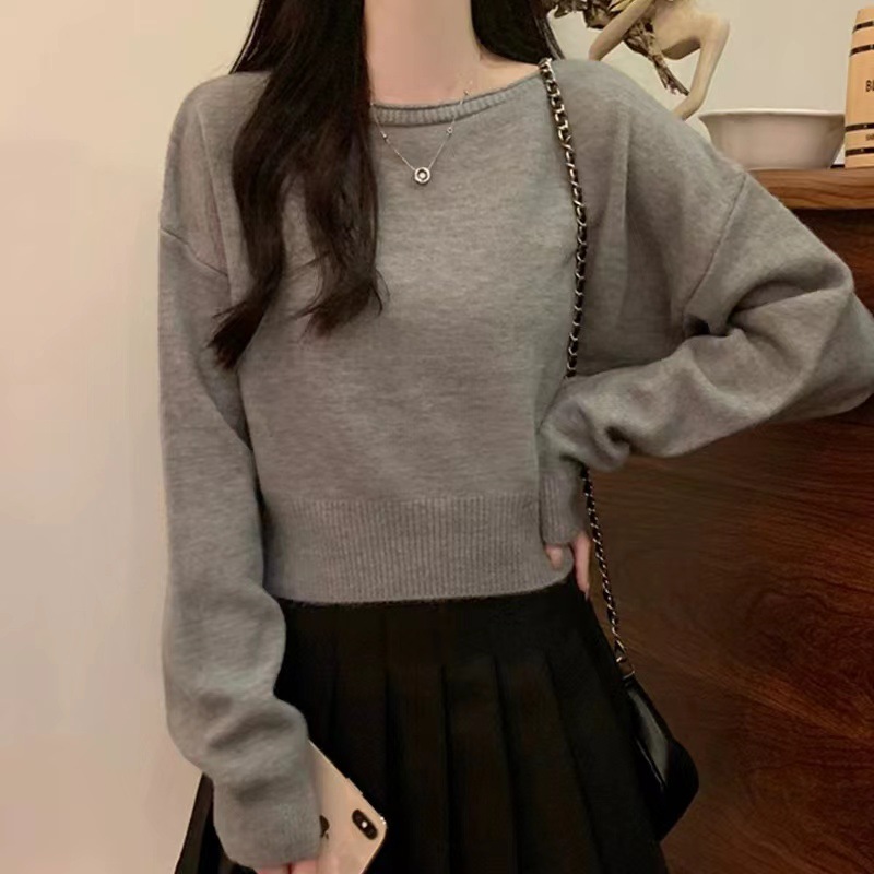 Otoño y invierno nuevos suéteres de mujeres sueltos hookah corto un cuello de punto versátil camiseta de fondo perezosa camiseta de viento para mujeres image 9