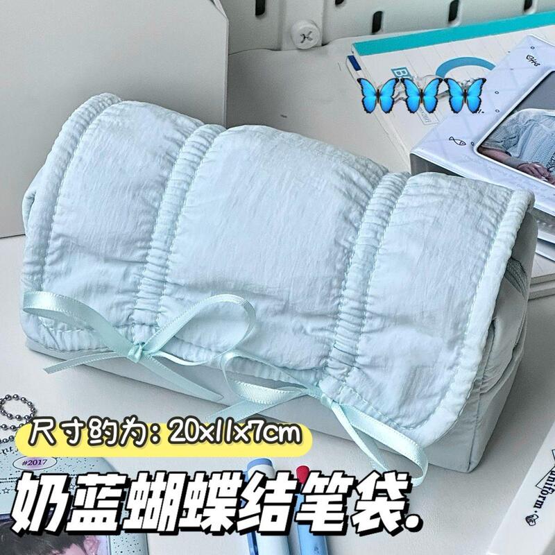 小红书同款ins风奶蓝蝴蝶结芭蕾笔袋学生高颜值大容量文具收纳袋|undefined