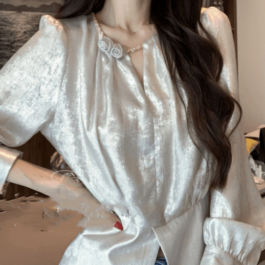 Three-Dimensional Floral Satin Shirt for Women, Autumn French Style, New Model, Romantic Vibe, Versatile Top Three-Dimensional Floral Satin Shirt for Women, Autumn French Style, New Model, Romantic Vibe, Versatile Top