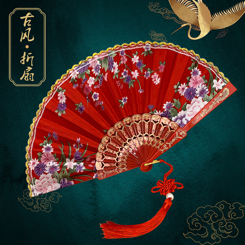 Silk Cloth Gold Edge Fan Chinese Traditional Dance Fan Chinese Style Fan Manufacturer Wholesale Handmade Folding Fan