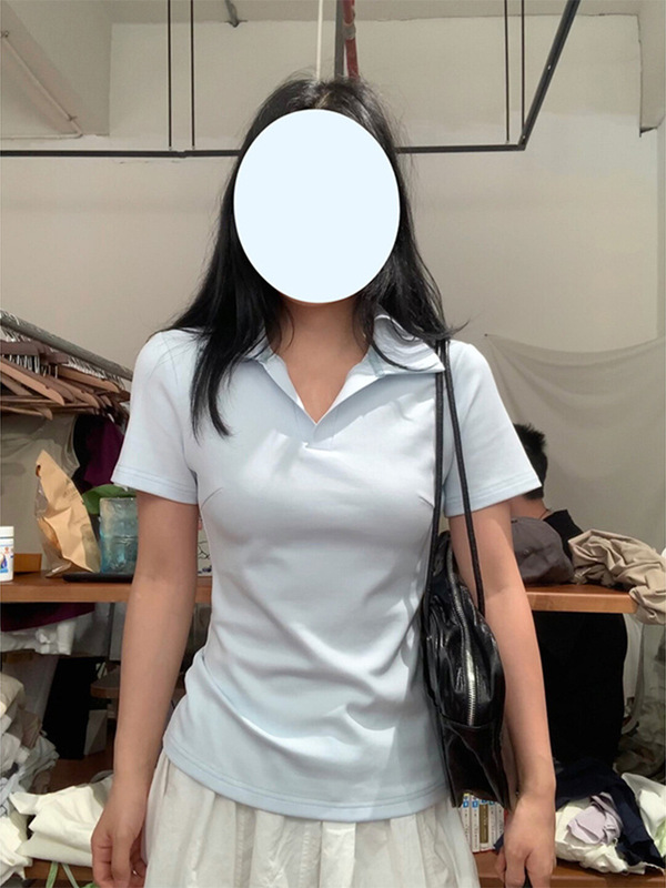 ソリッドカラーラペルショルダー半袖Tシャツレディース2025夏新作ピンチウエスト痩身カジュアル万能トップポロシャツ|undefined