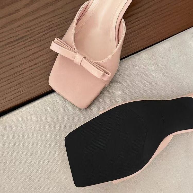 French-Style Evening Style Square-Toe Bow High-Heeled Sandals for Women, Summer Thin-Heeled Slippers, 2025 New Model Slip-On Mules