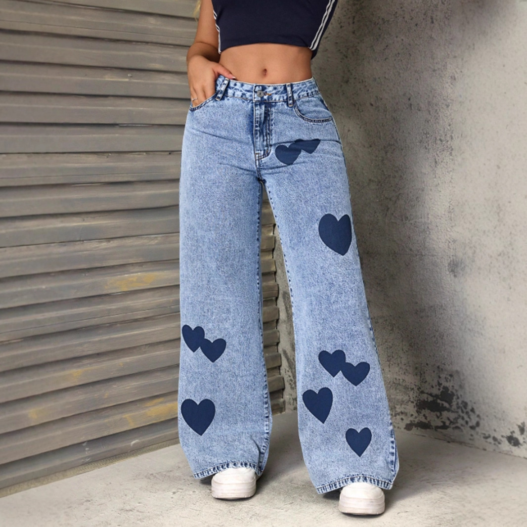 Women's Clothing Retro Women's Denim Trousers Heart Print Loose Fit European American Style For Formal & Casual_ecoleips.com