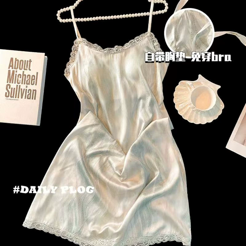 Летний новый милый девичий ночной юбка цвет олин средний и длинный ремень сексуальный нагрудный коврик домашнее платье пижама