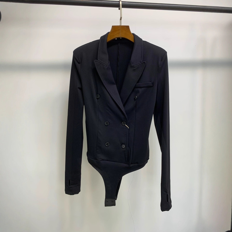 Double-Breasted Stretch Knitted Slim Suit Jacket Jumpsuit Urban Workplace Elegant Commuter Long-Sleeved Top Black