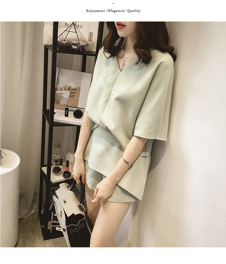 Bộ quần short nữ mùa hè rộng thùng thình 2 món (áo + quần short) phong cách thoải mái — 715 # Đậu xanh (áo+quần short) chi tiết 11