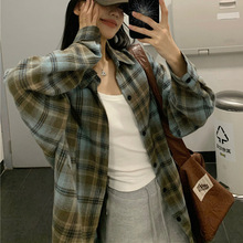 跨境批发复古格子长袖衬衫女装春秋季宽松开衫防晒衬衣外套中长款
