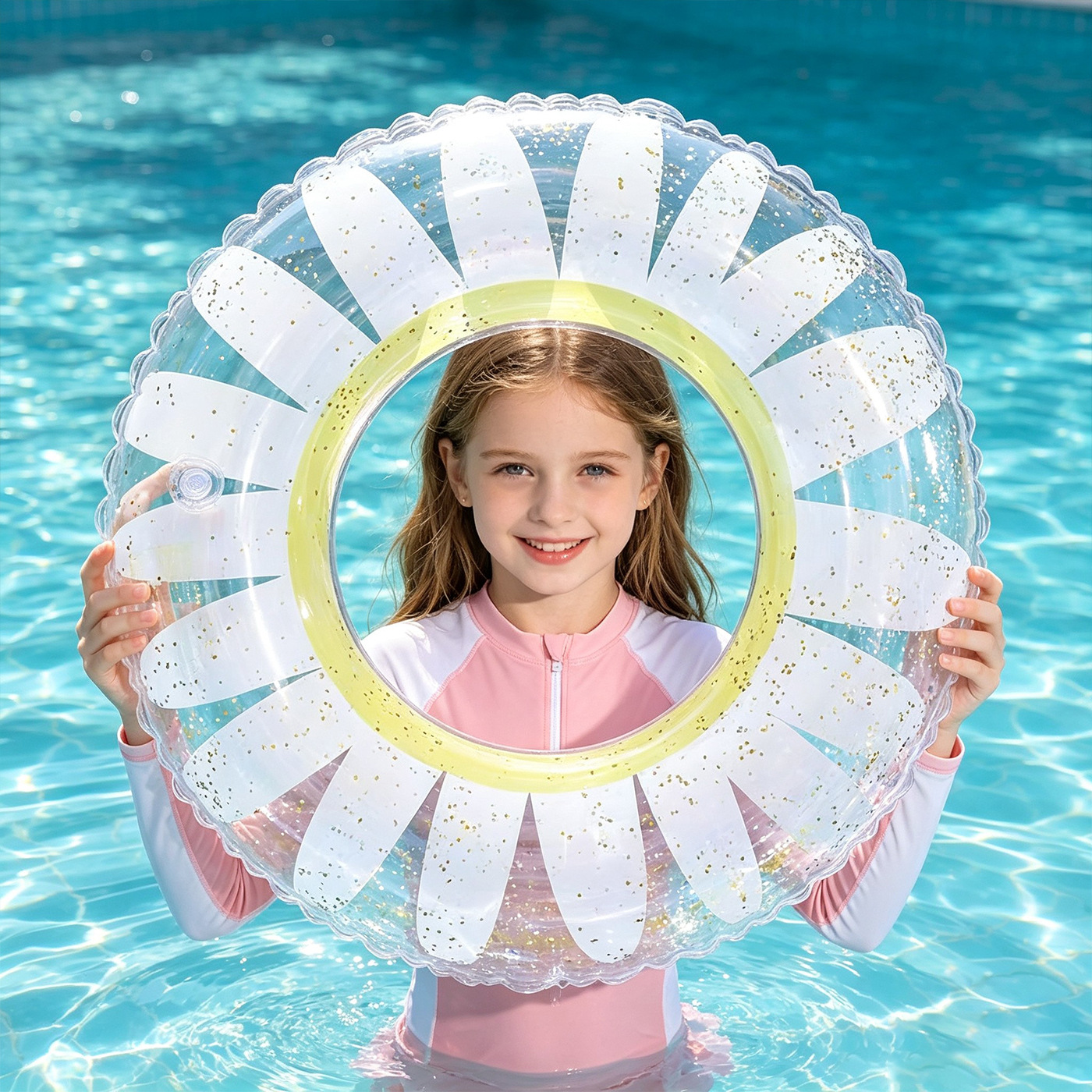 Red Daisy transparente anillo de natación de diafragma, anillo de natación infláble para adultos y niños, anillo de natación de piscina junto al mar