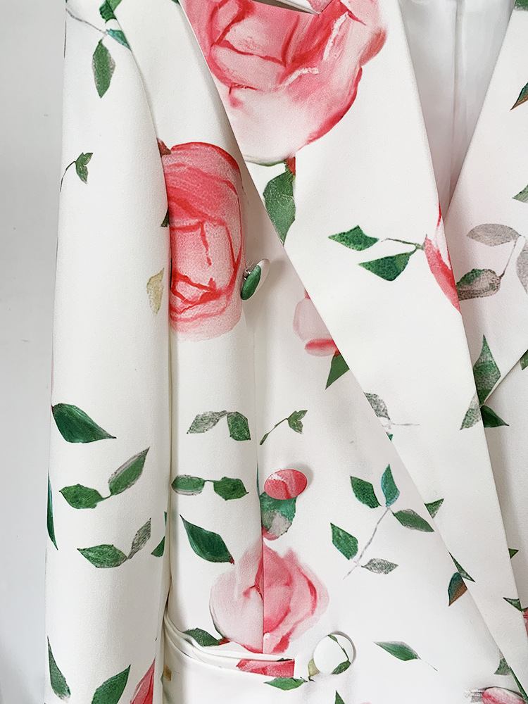 Rose Printed Double Breasted Skirt Set Two Pieces