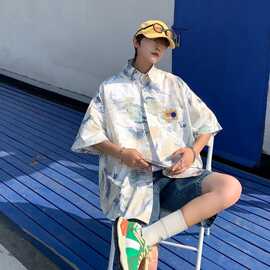 扎染衬衫男夏季短袖开衫港风潮ins宽松国潮休闲大码半袖薄款外套