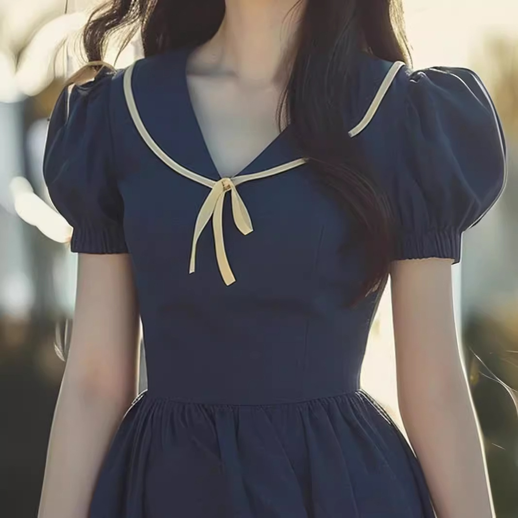 Đầm maxi nữ cổ búp bê xanh navy dáng dài thắt eo mùa hè FL240651 — Màu xanh lam đậm