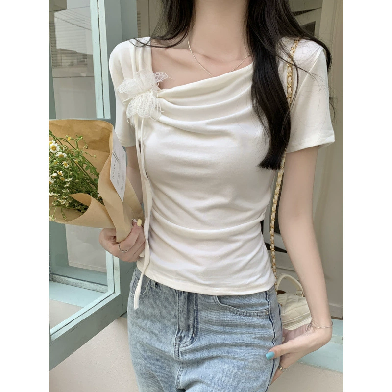 Женская футболка с короткими рукавами и асимметричным воротником на шнуровке, летняя новая дизайнерская футболка с тонкой талией, сладкая и пряная короткая футболка, топ