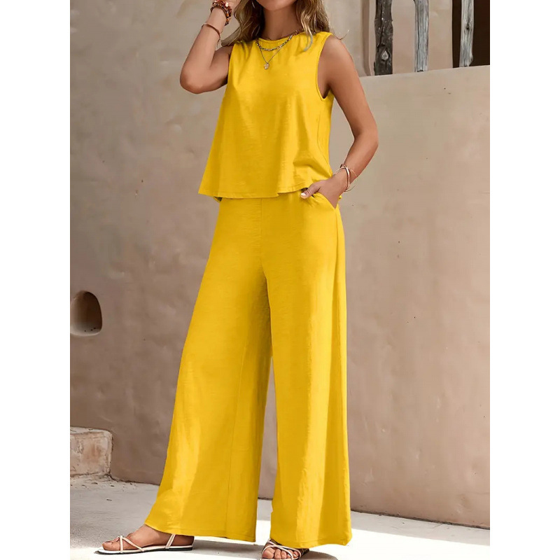 2025 Amazon European and American Cross-Border Popular Solid Color Elegant Two-Piece Round Neck Vest and Wide-Leg Pants Suit for Women