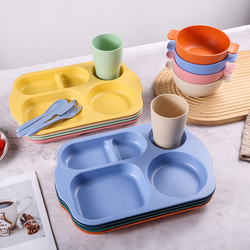 Plato de comedor para niños 24 piezas set de paja de trigo jardín de infantes anti-caída taza de plato de comedor cuchillo y tenedor cuchara set