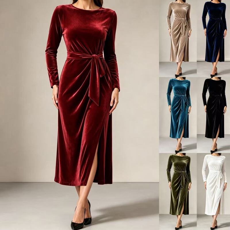 Cross-border European and American autumn/winter women's new long-sleeved velvet dress with tie waist, slit, and slim fit midi skirt Cross-border European and American autumn/winter women's new long-sleeved velvet dress with tie waist, slit, and slim fit midi skirt
