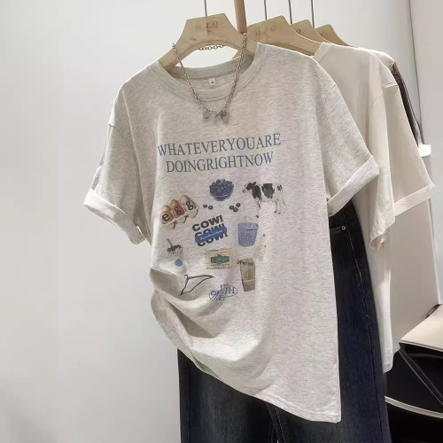Super Soft Modal Simple Korean Version New Cartoon Print T-Shirt for Women Summer 2024 Loose Short Sleeve Top Fashion