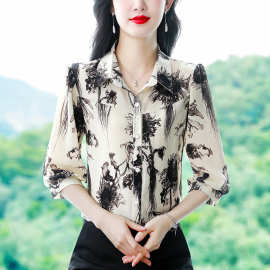 衬衫女上衣2024夏新款女士印花气质显瘦衬衣七分袖女