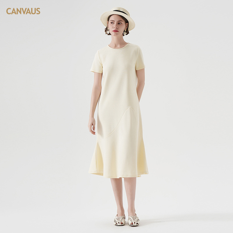 CANVAUS Mid-length dress Women's Summer New Short-sleeved Loose Slimming Casual French Style Elegant Fishtail Skirt