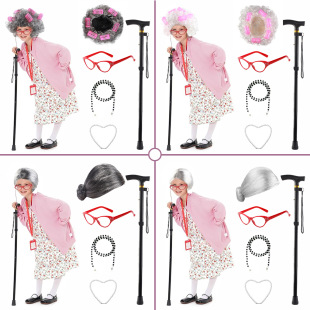 Stage Props Table Performance Old Lady Wig Old Granny White Wig Curly Hair Headset Hair Curler
