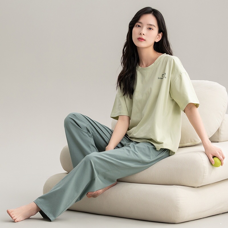 Class A Antibacterial Pajamas Women's Summer Short-sleeved Cotton Trousers Crewneck Girls Students 100% Cotton Home Clothes Women