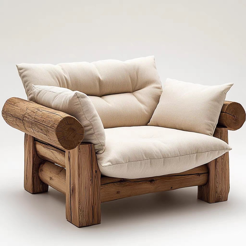 Wabi-Sabi Style Old Elm Wood Sofa for Living Room, Small Apartment, Zen-Inspired Single Sofa, Natural Wood Style Homestay Hotel Backrest Sofa