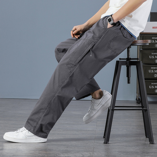 Men's Spring and Summer Pure Cotton Pants Streetwear Fashion Versatile Loose Fat and Large Straight Work Pants with Multiple Pockets