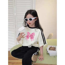 2025年女童新款纯棉短袖夏季中大童甜美可爱三条杠短袖打底上衣T
