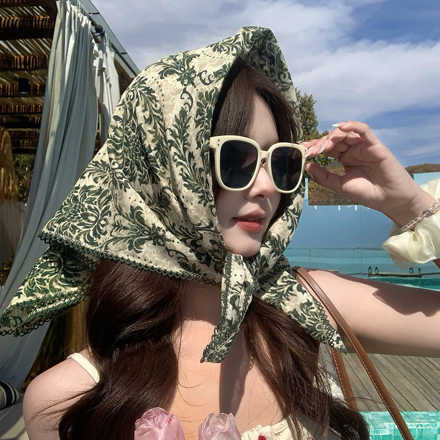 Pañuelo cuadrado de algodón estilo étnico retro mujer playa verano_voghion.com
