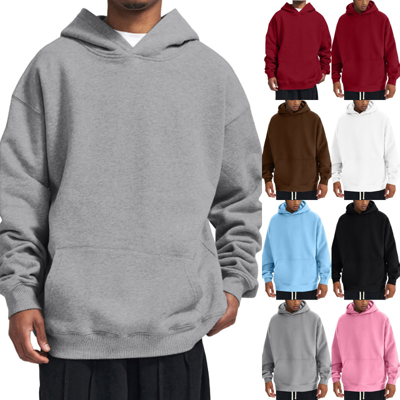 2023 Foreign Trade Men's fleece-lined Sweater Back Plain Kangaroo Pocket Cordless Oversize Hoodie
