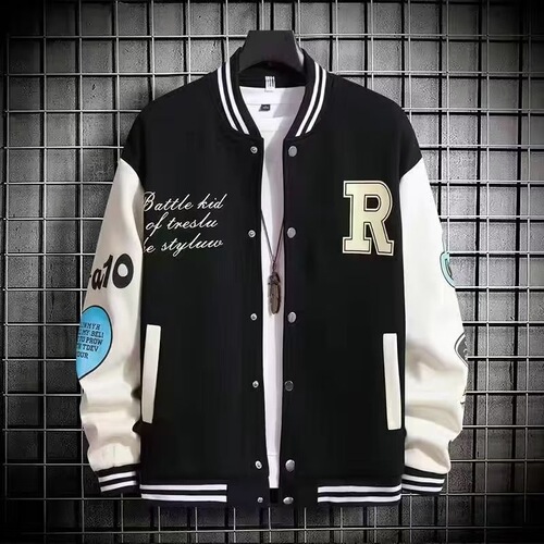 Spring and Autumn Style Baseball Jacket for Boys, American Trend Brand Letter Print Couple Jacket for Middle and High School Students, Casual Outerwear