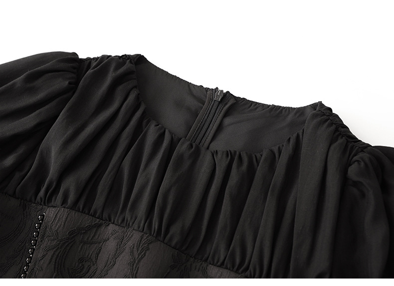 Đầm maxi nữ thắt eo phong cách dân tộc, phù điêu jacquard đính hạt satin — Màu đen chi tiết 16