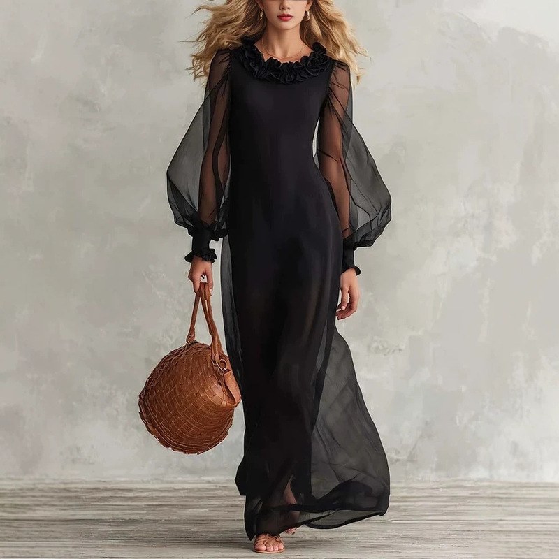 2026 New Black Sheer Organza Long Dress with Ruffled Collar and Puff Sleeves, Elegant Evening Gown