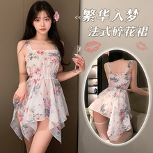 霏慕法式碎花抽褶抹胸连衣睡裙7809情趣内衣性感纯欲吊带裙 20/包