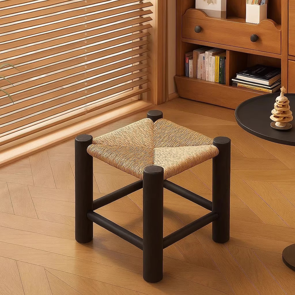 Solid Wood Low Stool, Rattan Woven Small Stool, Mid-Century Style Living Room Footstool, Household Sofa Stool, Simple Entryway Shoe-Changing Stool