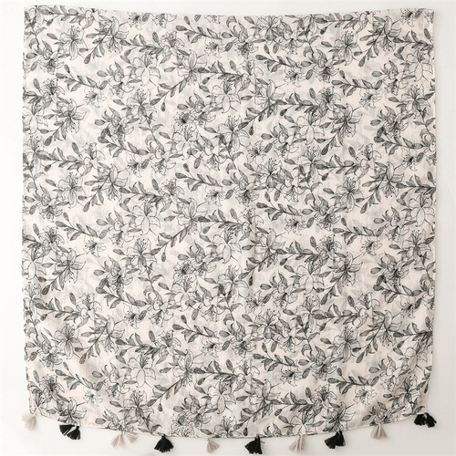 Cross-border export of Middle Eastern scarf, cotton and linen feel scarf, slub yarn, black and white flower turban, air conditioning shawl, tassels