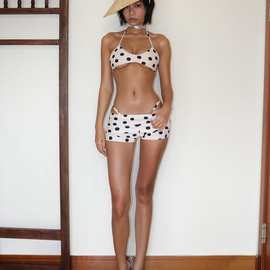 10月新款法式波点辣妹短裤比基尼套装性感U领挂脖胸衣低腰短裤