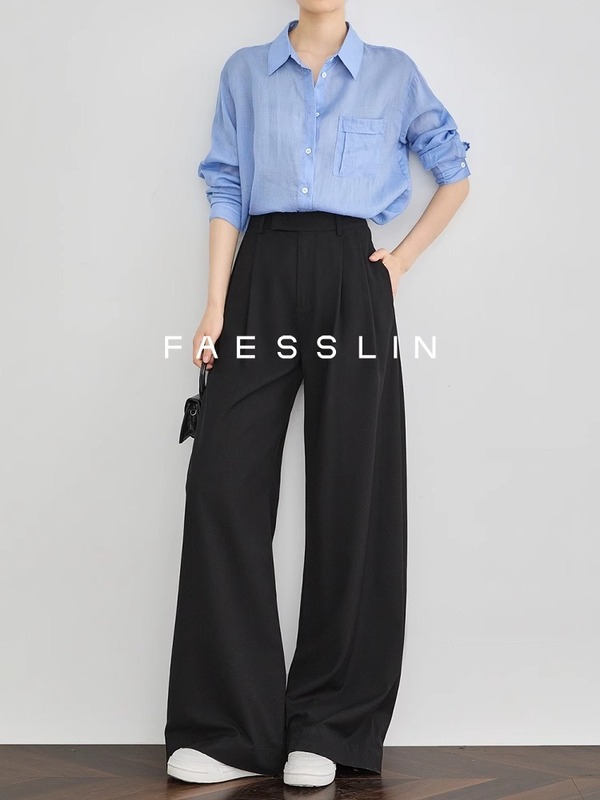 177 #   FAESSLIN【A4ウエストキラー】ブラックハイウエストスーツパンツエクストラロング高級ドレープ薄手ワイドパンツ|undefined