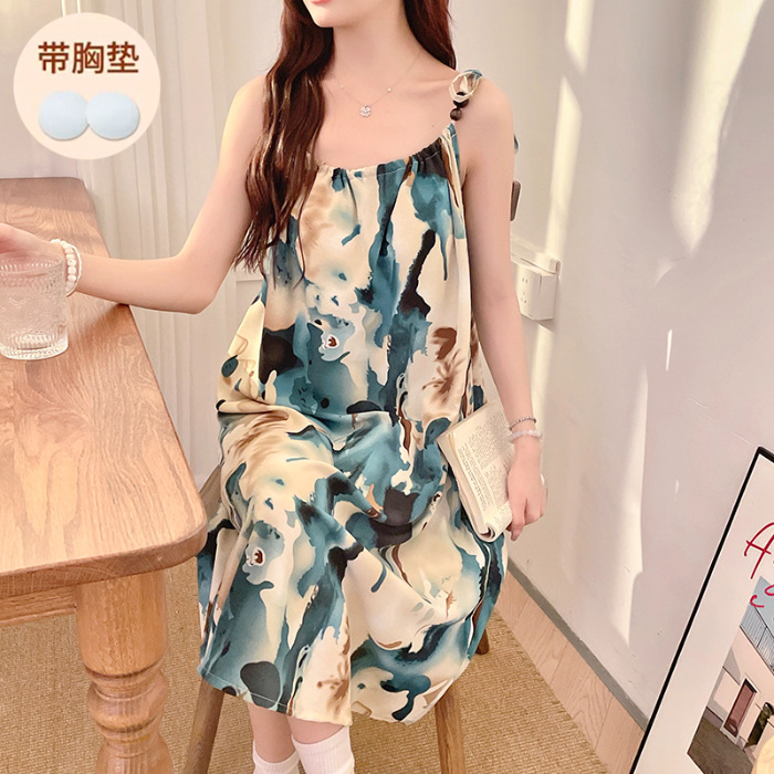 Verano 2024 aumento de peso con cojín de pecho fresco vestido de pijama de estudiantes de niña cabina de algodón Wal-Mart ropa de hogar media y larga