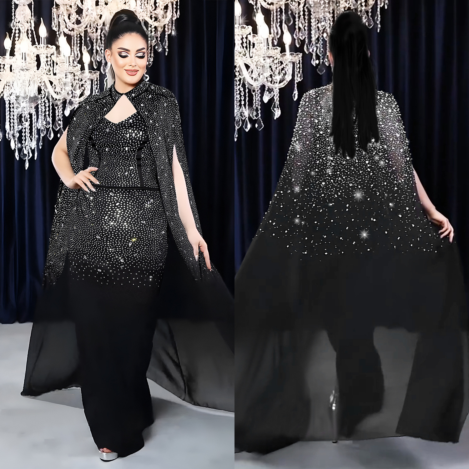 C7292 Transbordador AliExpress Amazon Moda europea y americana Vestido de chal transparente de cadera con bolso de diamantes calientes sexy para mujer