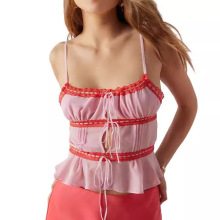 跨境欧美女装2024春 夏季新品性感辣妹Y2K绑带bm吊带撞色纯雪纺衫