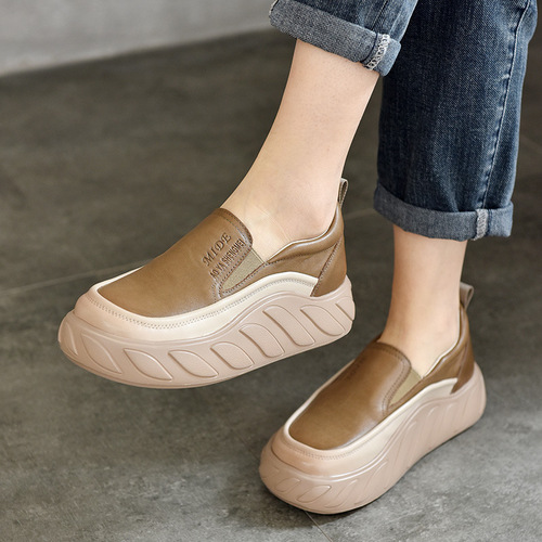 2024 Spring New Genuine Leather Shoes Light Thick-soled Slip-on Lazy Shoes Round Toe Medium Heel Retro Casual Shoes for Women