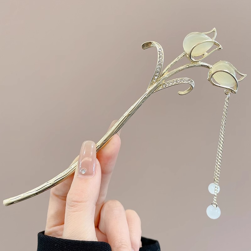 Horquilla de flores con flecos de estilo antiguo, temperamento femenino de alto nivel, escalón, horquilla de Hanfu, horquilla de cabello en la parte posterior de la cabeza, tocado de horquilla