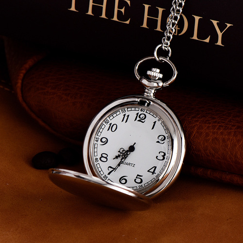Two-Sided Light Silver Pocket Watch with Regular White Dial, Flip-Open Necklace Watch, Quartz Movement