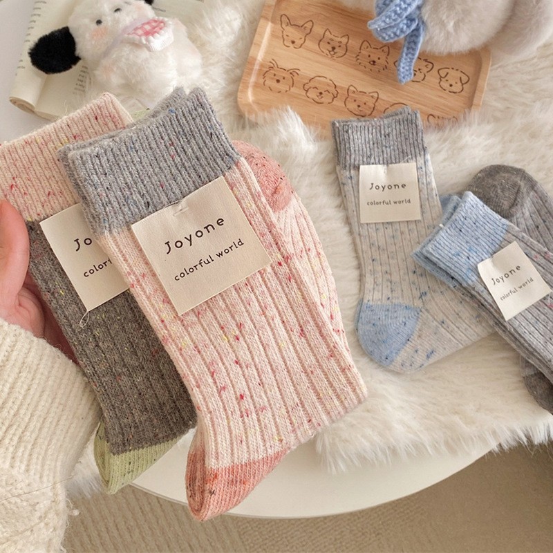 zhuji socks women‘s mid tube stockings autumn and winter thickened warm color matching neps yarn wool socks sweat absorbing and deodorant bunching socks